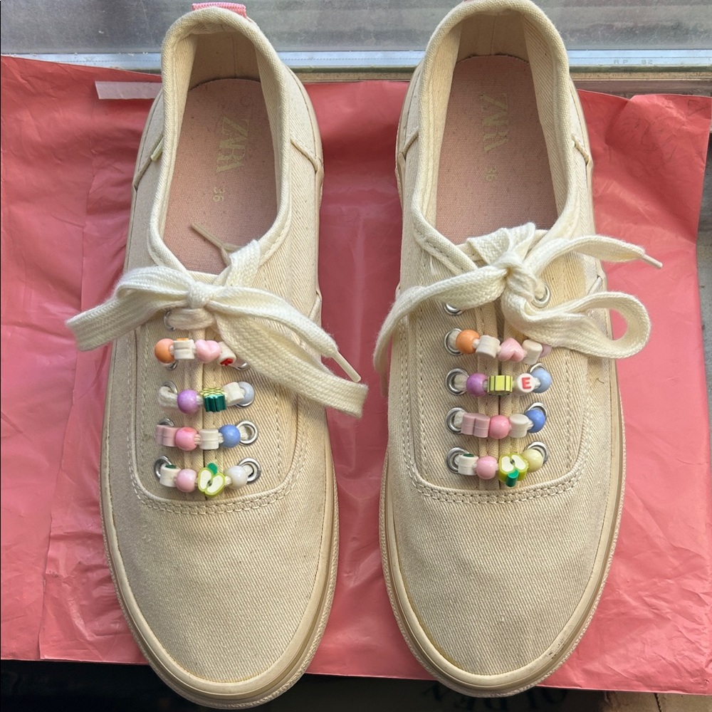 Zara Cream Canvas Sneakers with Multicolor Beads